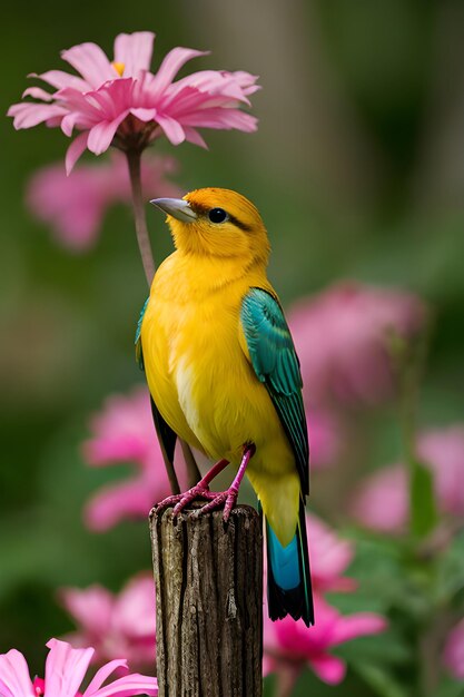 Um pássaro colorido em cima de uma flor