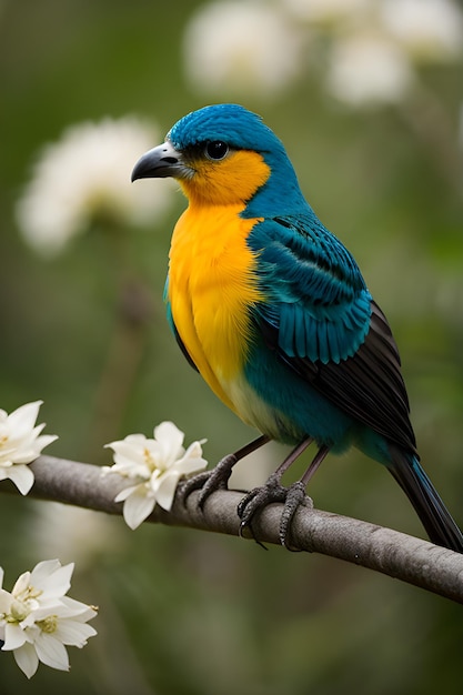 Um pássaro colorido em cima de uma flor