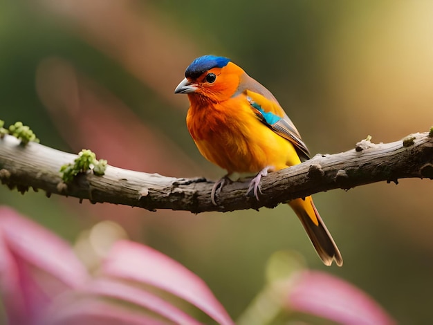 Um pássaro colorido está empoleirado em um galho com um fundo desfocado.