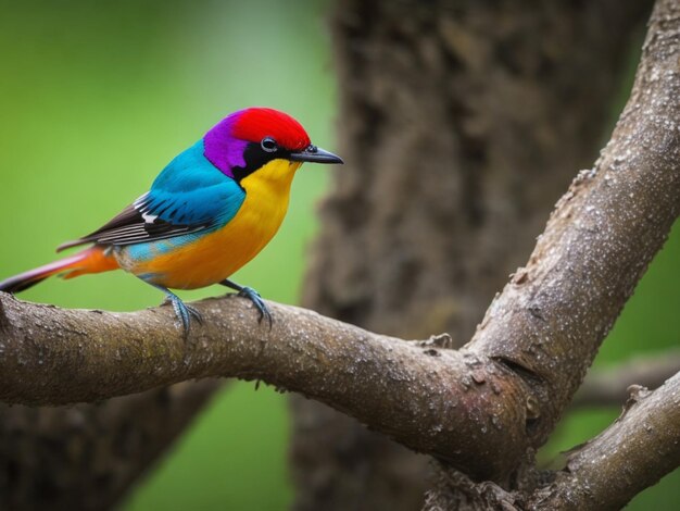 Um pássaro colorido está empoleirado em um galho com um fundo verde.