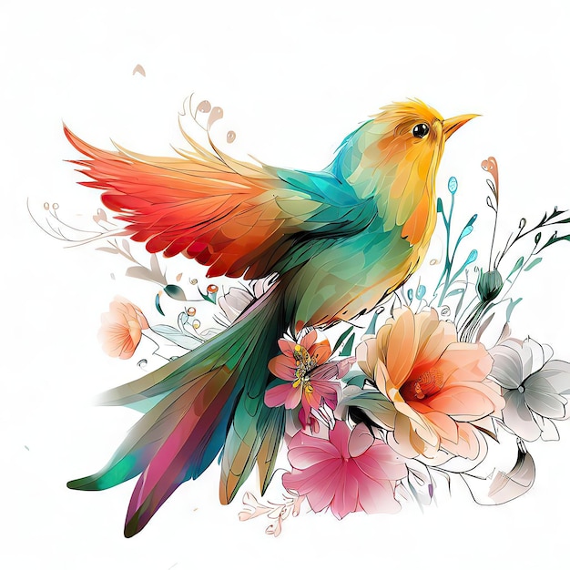 Um pássaro colorido está sentado em um arranjo de flores.