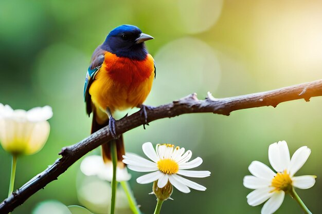 Foto um pássaro colorido está sentado num galho com margaridas ao fundo.