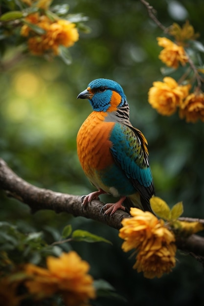 Um pássaro colorido impressionante sentado em um galho com folhas e flores no fundo natural