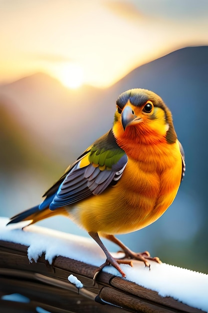 Um pássaro colorido pousa em uma grade de metal com o sol se pondo atrás dele.