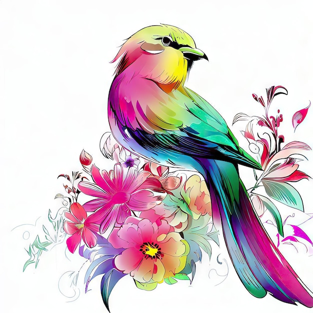 Um pássaro colorido senta-se em um fundo florido.