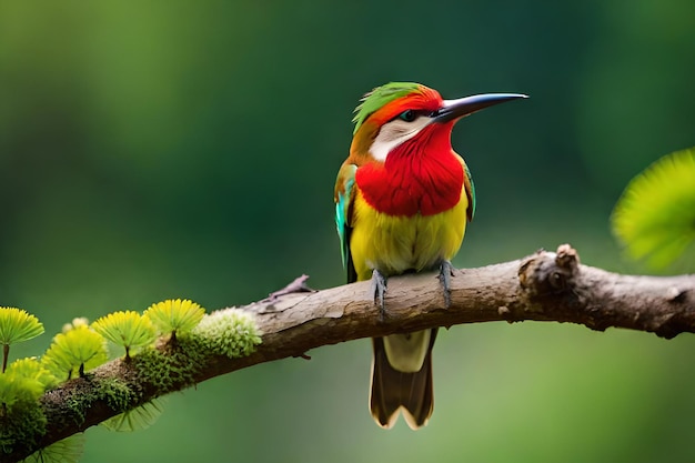 Um pássaro colorido senta-se em um galho com fundo verde.