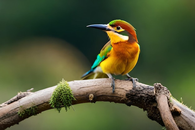 Um pássaro colorido senta-se em um galho com fundo verde.