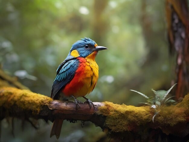 Foto um pássaro colorido senta-se em um galho na floresta ai imagem