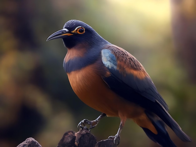 um pássaro colorido senta-se em um galho na floresta gerada por ai