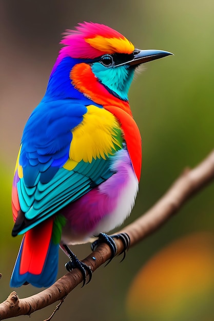 Foto um pássaro colorido senta-se em um galho na floresta