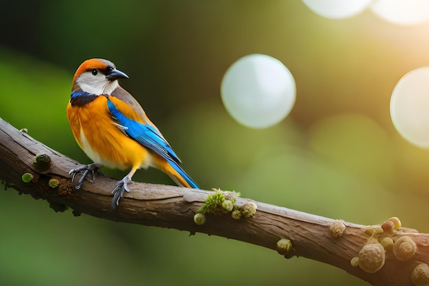 Um pássaro colorido senta-se em um galho na floresta.