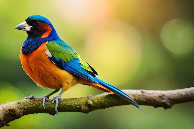 Um pássaro colorido senta-se em um galho.