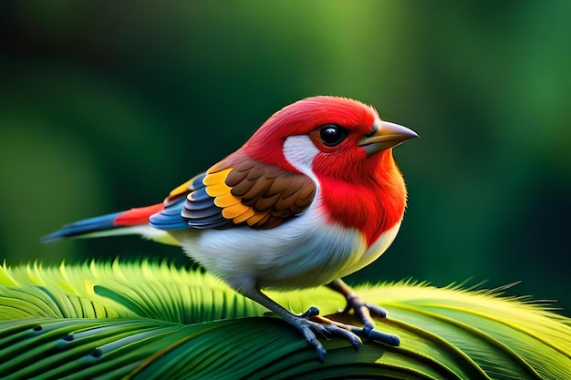 Um pássaro colorido senta-se em uma folha de palmeira.