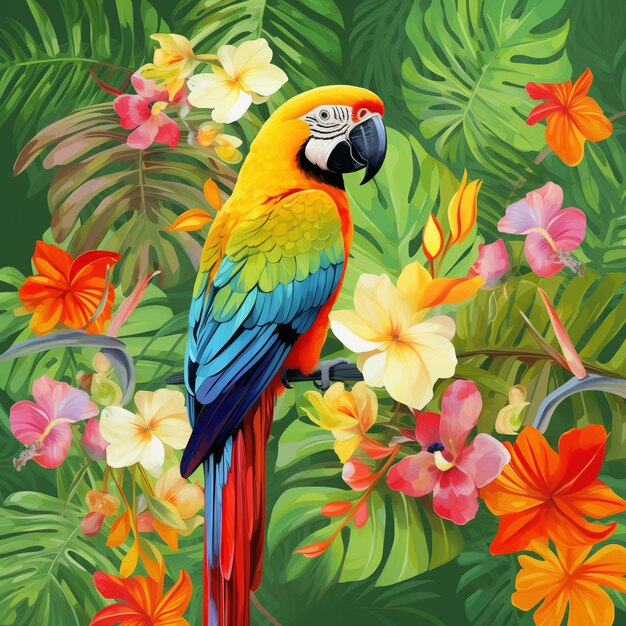Foto um pássaro colorido sentado em um ramo com flores