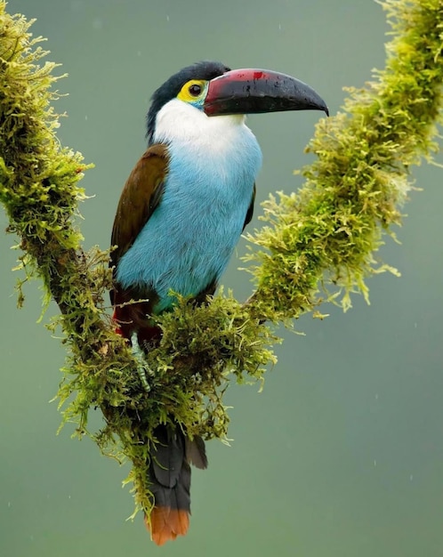 Um pássaro com bico azul e branco senta-se em um galho com musgo.