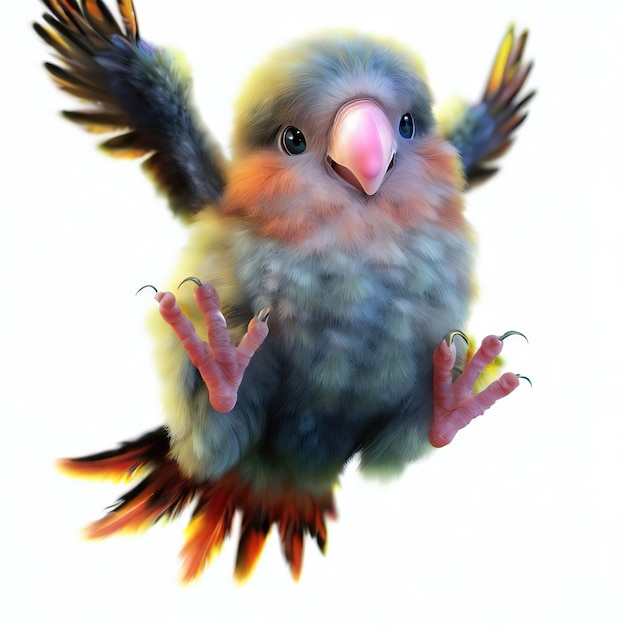 Um pássaro com bico rosa e bico amarelo está voando no ar.