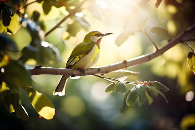 Um pássaro com bico vermelho senta-se em um galho com folhas verdes.