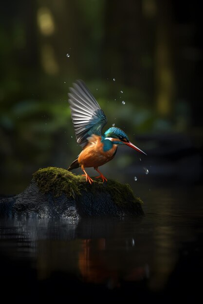 Um pássaro com cabeça azul e bico laranja está pousando em uma rocha em uma floresta.