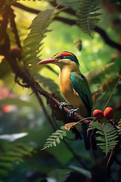 Um pássaro com cabeça azul e cabeça vermelha senta-se em um galho em uma floresta