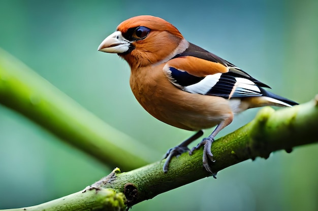 Um pássaro com cabeça preta e laranja e penas pretas e brancas.
