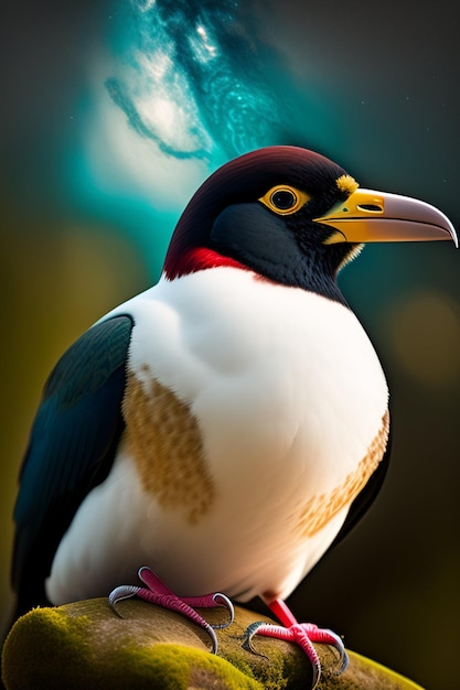 Um pássaro com cabeça vermelha e branca e penas pretas.