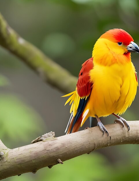 Um pássaro com cabeça vermelha e penas amarelas está sentado em um galho Saíra-ruiva em um galho