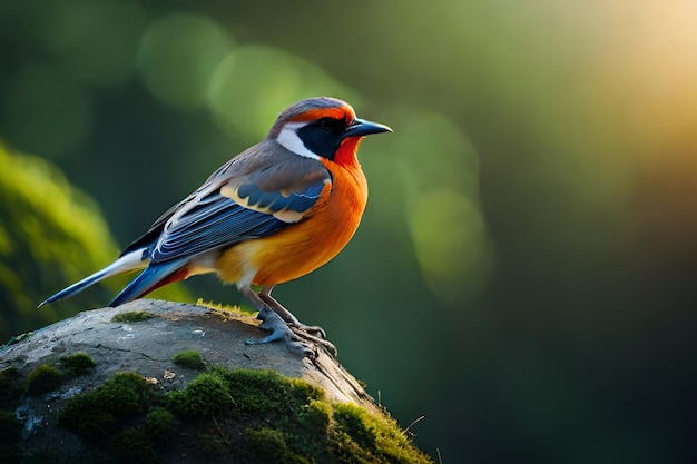 Um pássaro com cabeça vermelha e penas azuis senta-se em uma pedra.