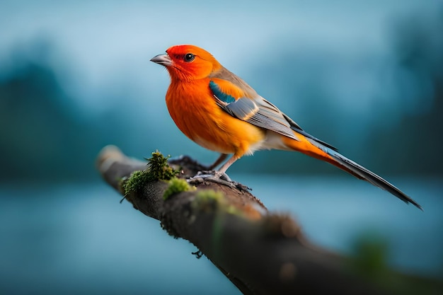 Um pássaro com cabeça vermelha e preta e asas azuis senta-se em um galho.