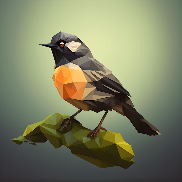 Um pássaro com laranja e preto no rosto está sentado em uma pedra.