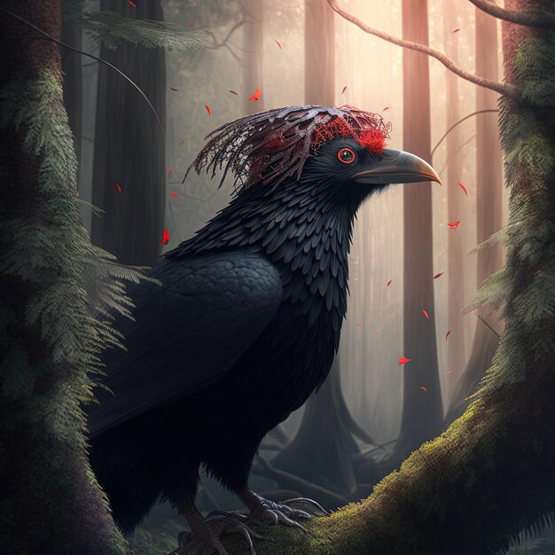 Foto um pássaro com olhos vermelhos está em uma floresta com árvores no fundo