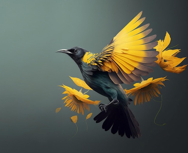 Um pássaro com penas amarelas está voando no ar