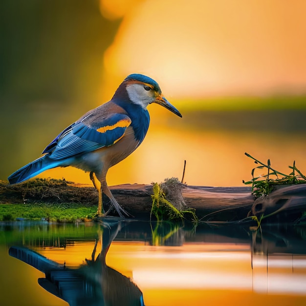 Um pássaro com penas azuis e brancas está na água ao lado de um tronco.