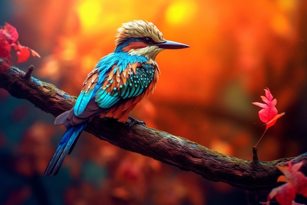 Um pássaro com penas azuis e laranjas senta-se em um galho.