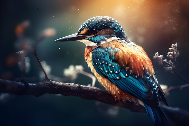 Um pássaro com penas azuis senta-se em um galho.