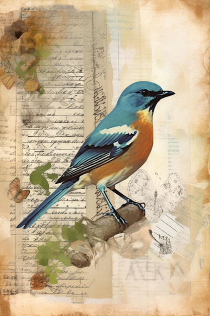 Um pássaro com penas azuis senta-se em um pedaço de papel.