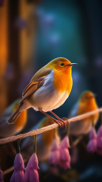 Um pássaro com penas laranja e brancas nas asas senta-se em uma corda.