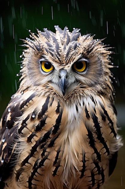 Um pássaro com rosto preto e branco e olhos amarelos está parado na chuva.