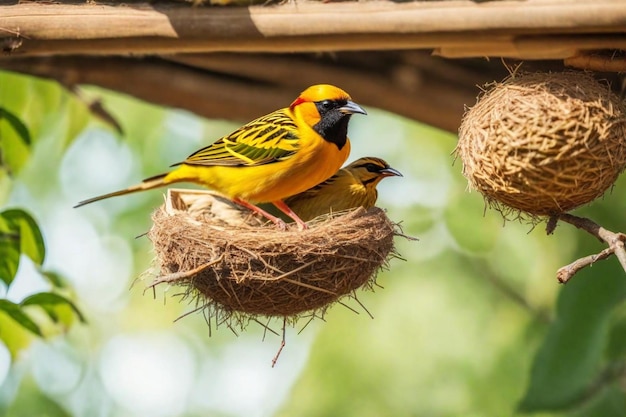 Um pássaro com um bico amarelo senta-se em cima de um ninho com outros pássaros