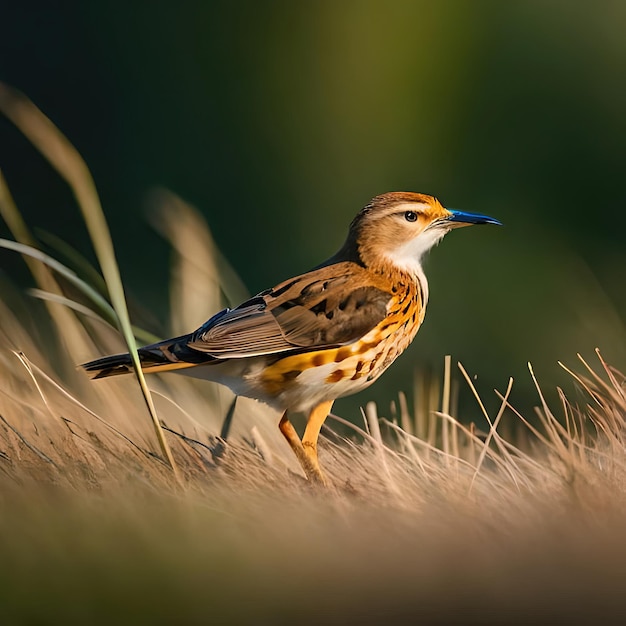 Um pássaro com um bico azul está em um campo de grama.