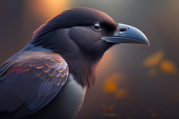 Um pássaro com um bico azul senta-se na frente de um fundo colorido.