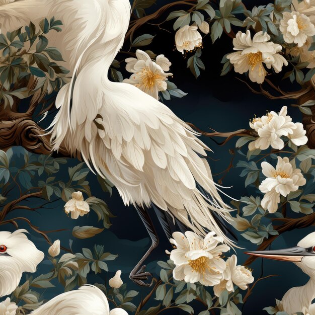 um pássaro com um bico branco está andando em uma árvore com flores