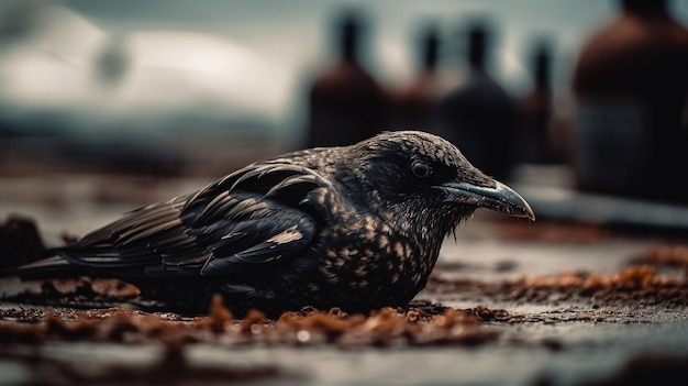 Um pássaro com um bico preto senta-se em uma superfície de tijolo.