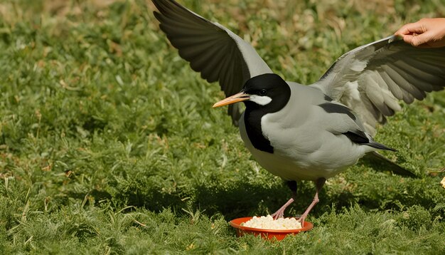 Foto um pássaro com um bico que está comendo um pedaço de fruta