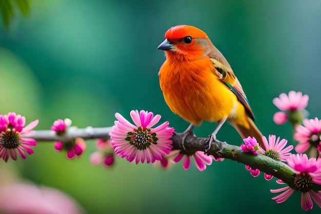 um pássaro com um bico vermelho senta-se num galho com flores cor-de-rosa.
