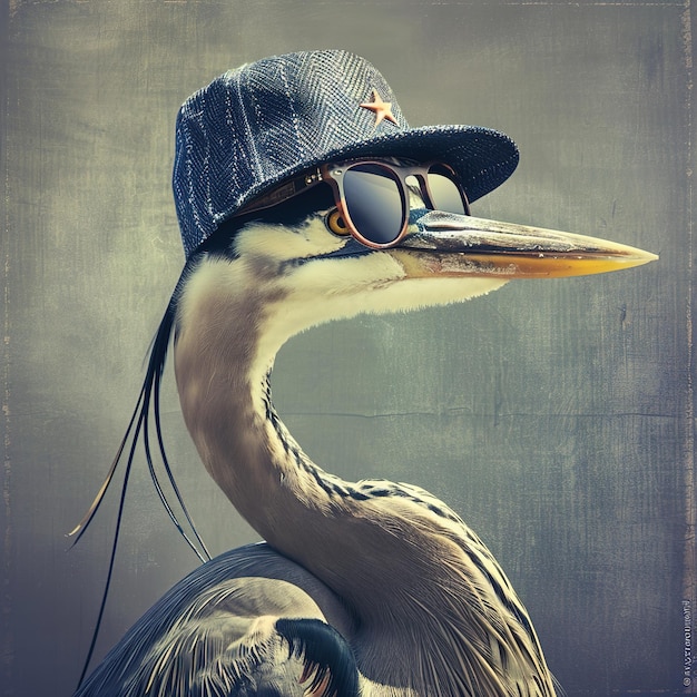 Foto um pássaro com um chapéu e óculos de sol está usando um chapéu