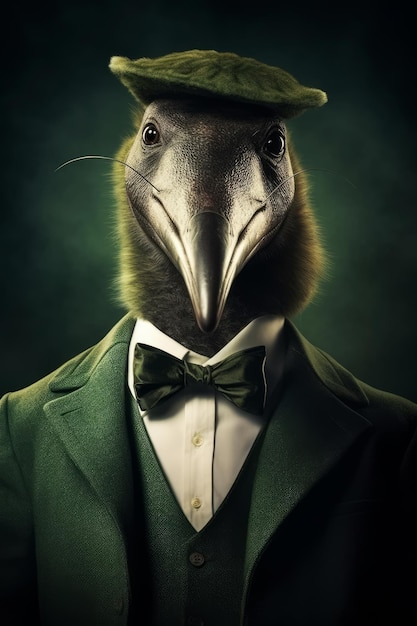 Um pássaro com um chapéu verde e um terno verde