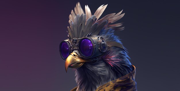 Um pássaro com um cocar de penas e óculos