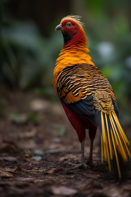 Um pássaro com um corpo amarelo e laranja e uma cauda preta