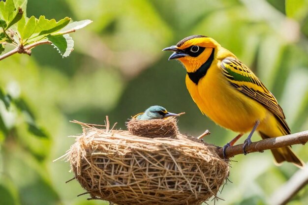 Foto um pássaro com um peito amarelo está de pé em um ninho com um pássario nele