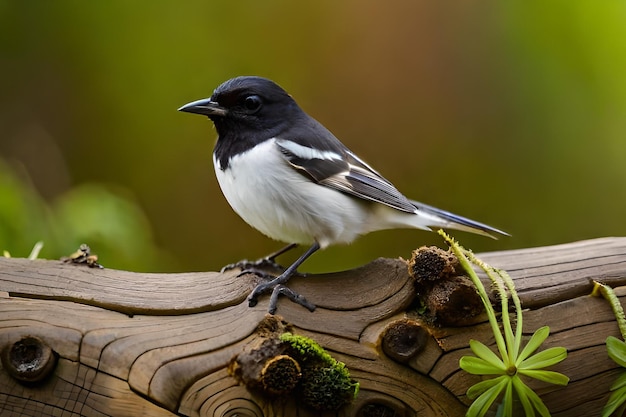 Um pássaro com um rosto preto e branco senta-se em um galho.
